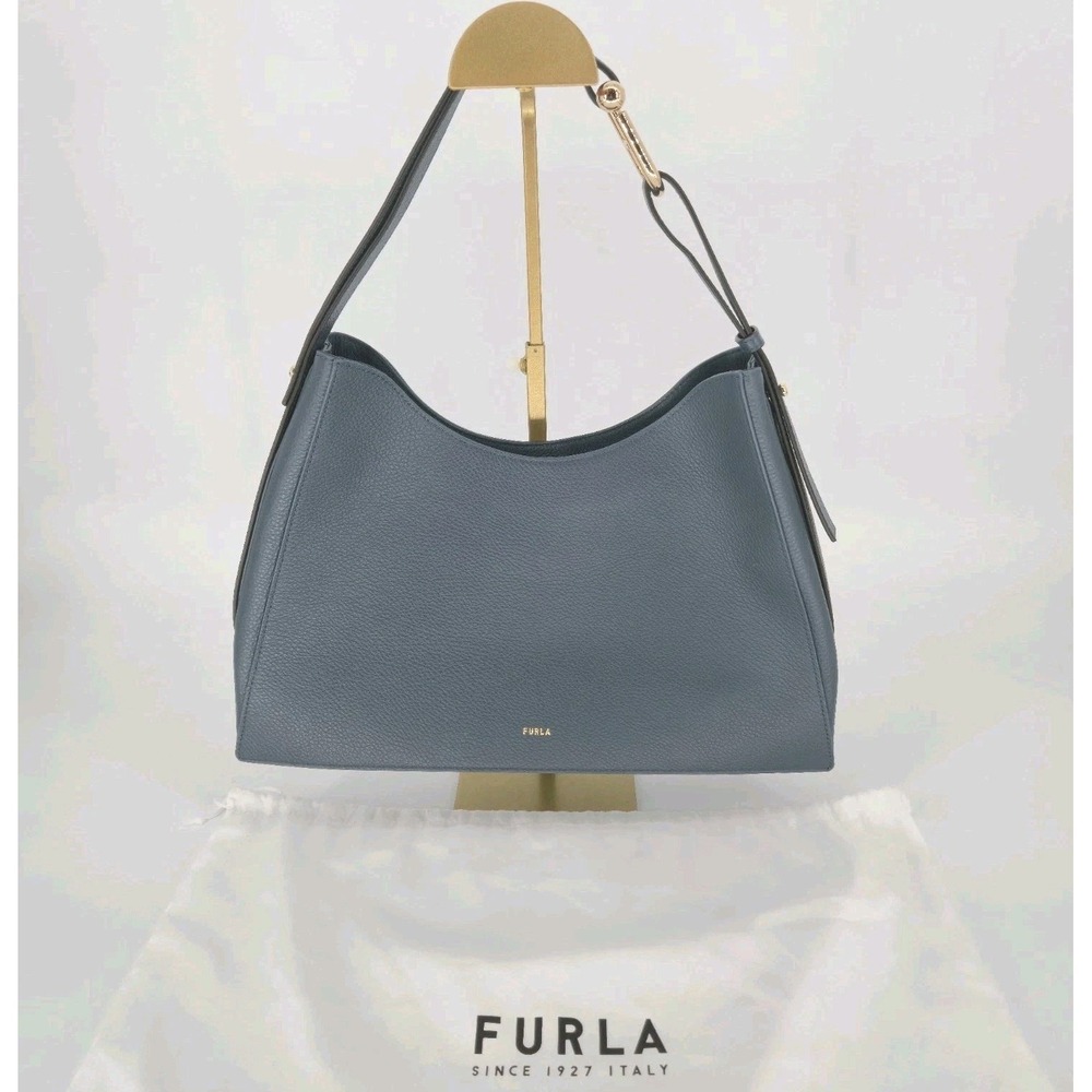 Furla Nuvola Medium Hobo Shoulder Bag Blue Pebbled Leather Gold Hardware Purse E